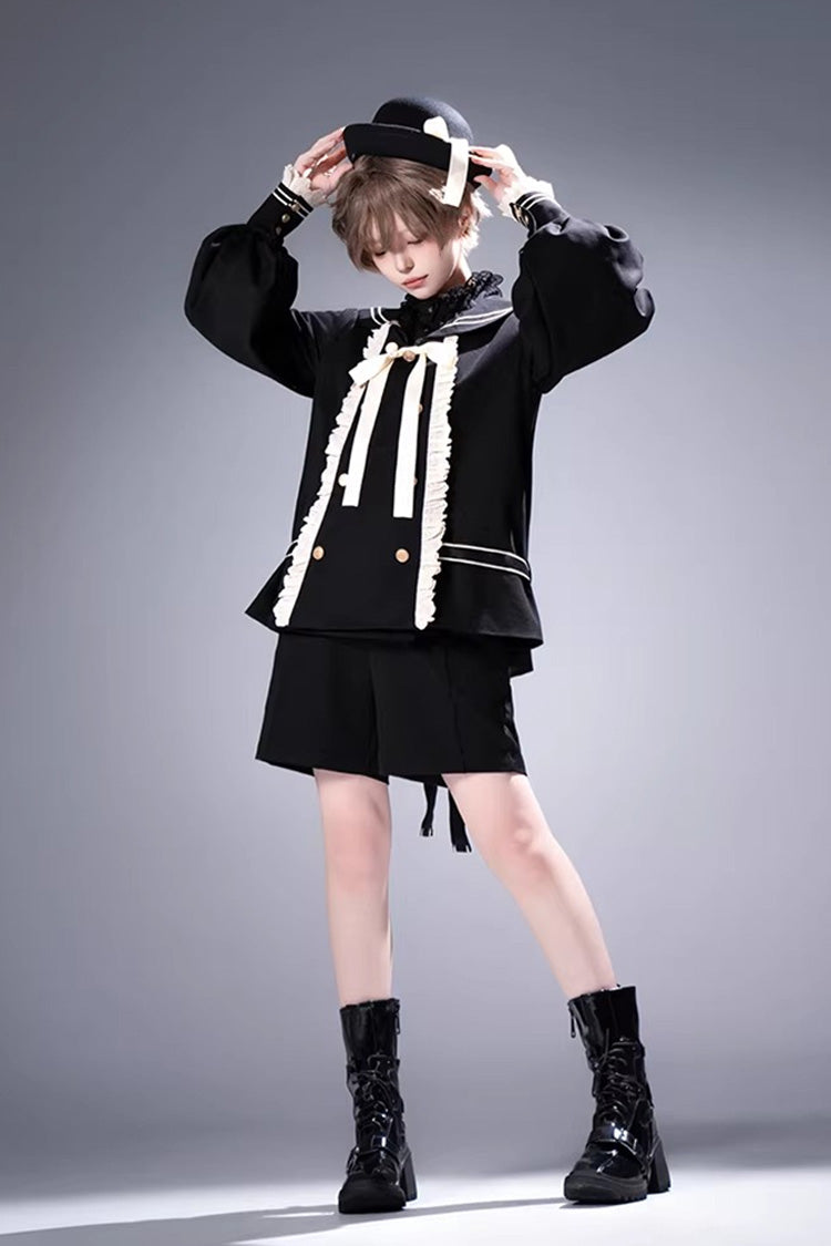 Navy-Collar Long-Sleeve Prince Ouji Short Coat Set in Black