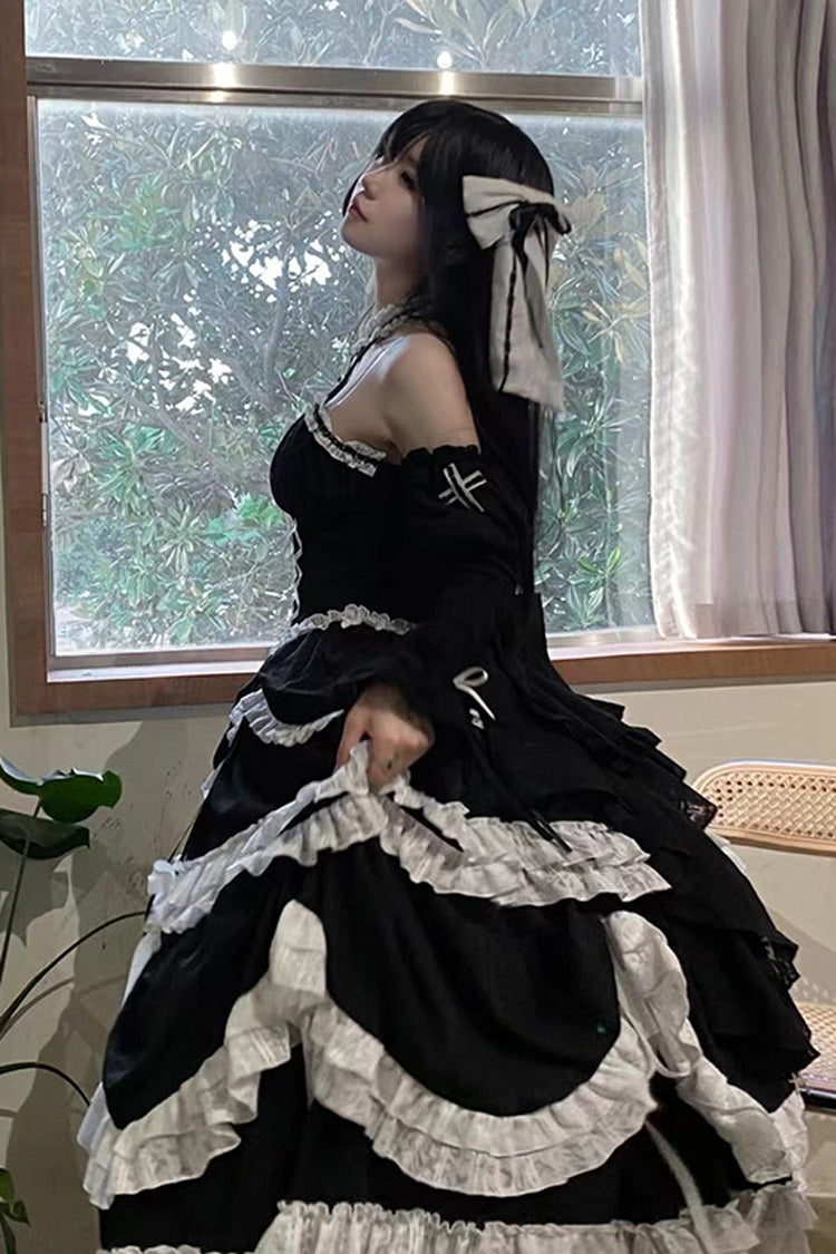 Black Cross Halterneck Lace-Up Gothic Lolita Dress - Princess Ruffled Bowknot
