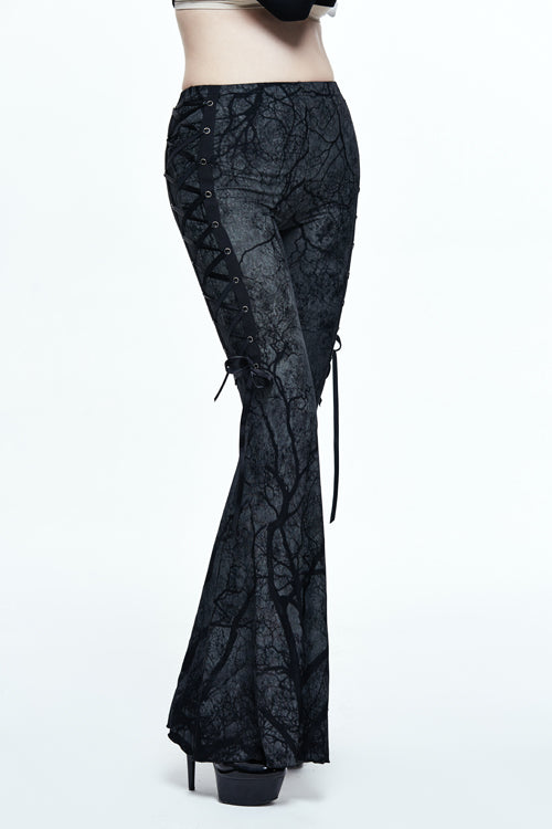 Gothic Bellbottom Pants with Branch Printing and Forest Motif