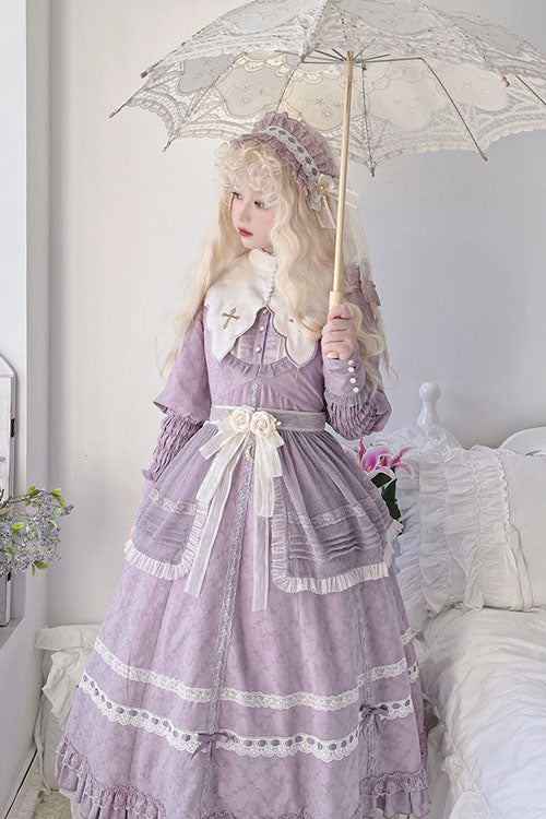 Mauve Cross Dark Church Lace Long-Sleeved Ruffled Classic OP