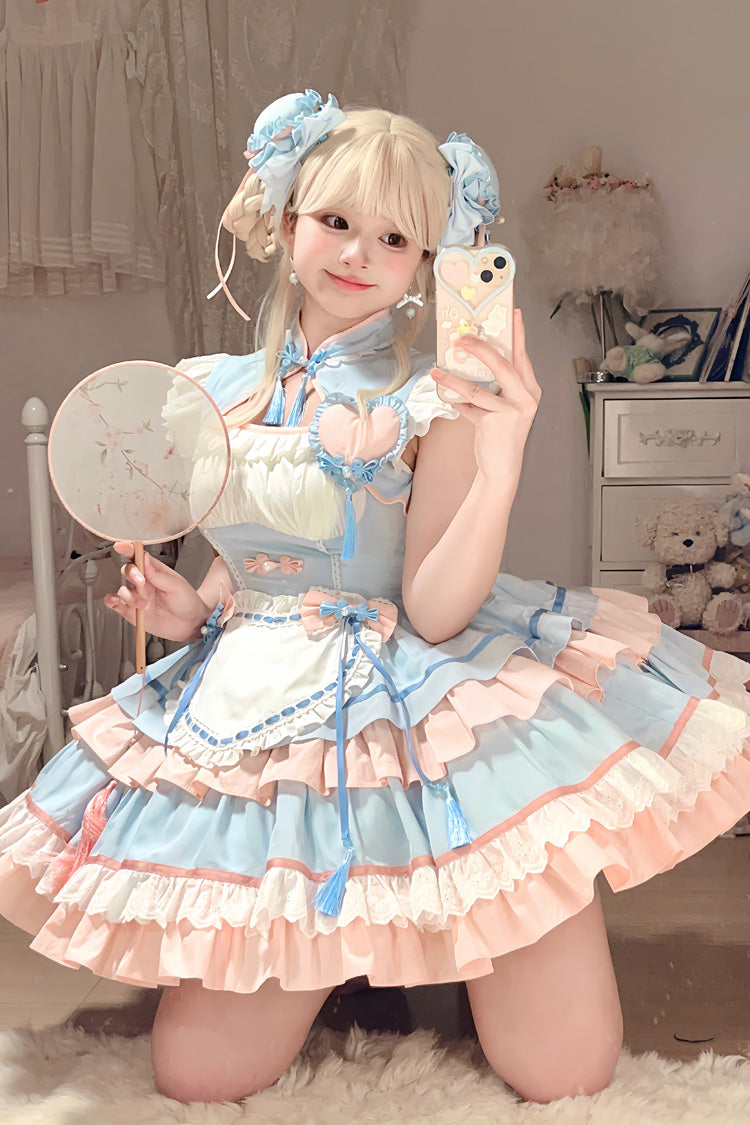 Blue Pink Multi-Layered Ruffled Sweet Chinese Maid Cheongsam Dress