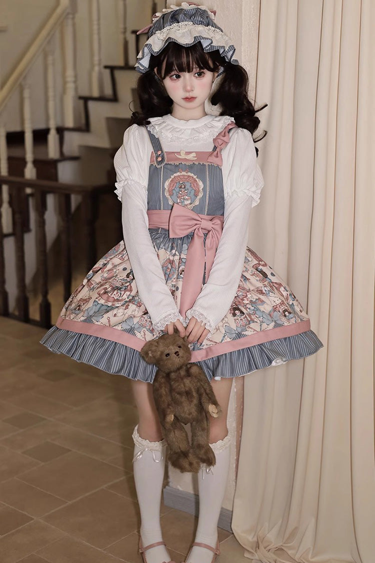 Blue Doll Print Bow Sweet Strap Dress