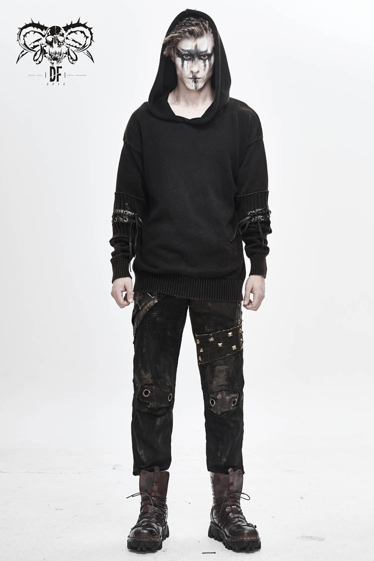 Worn-Out Elbow Leather Strip Lace-Up Hooded Coarse Knit Punk Sweater