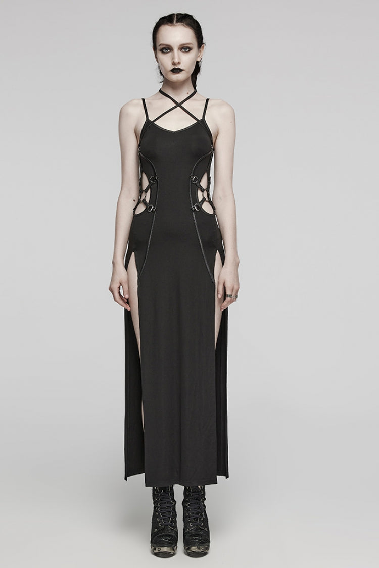 Fierce Black Lace-Up Ripped Side Slit Halter Punk Dress