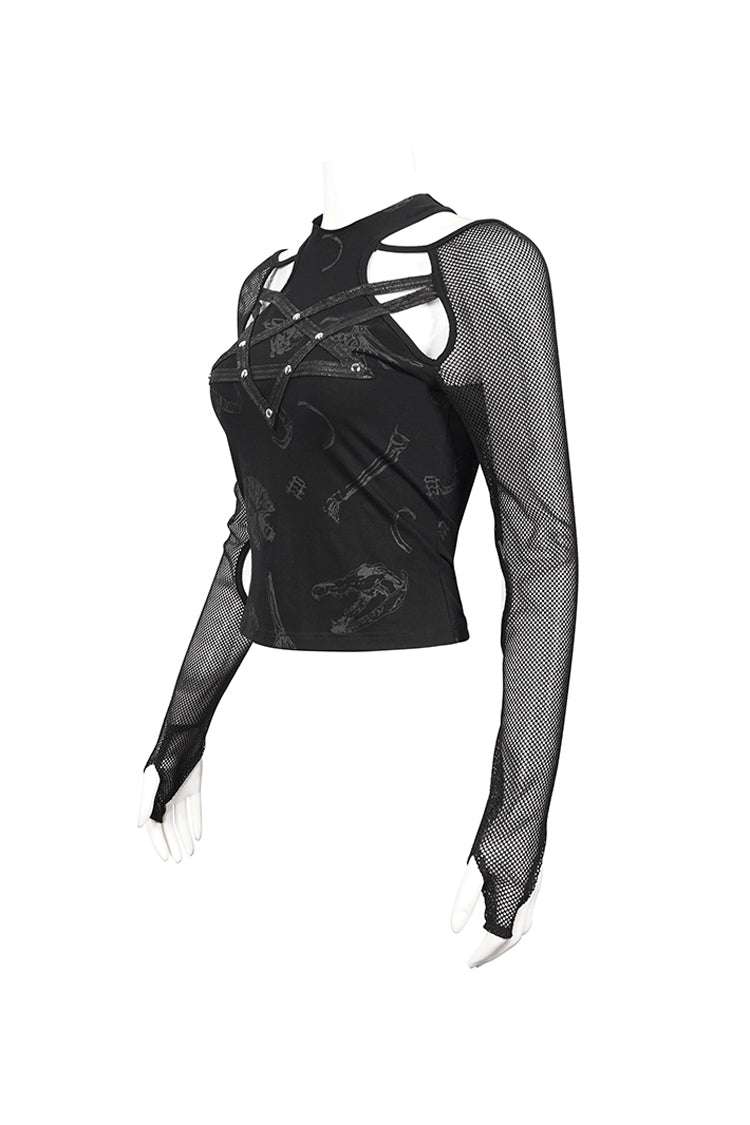 Occult Leather-Striped Long Sleeve Gothic Tee for Women