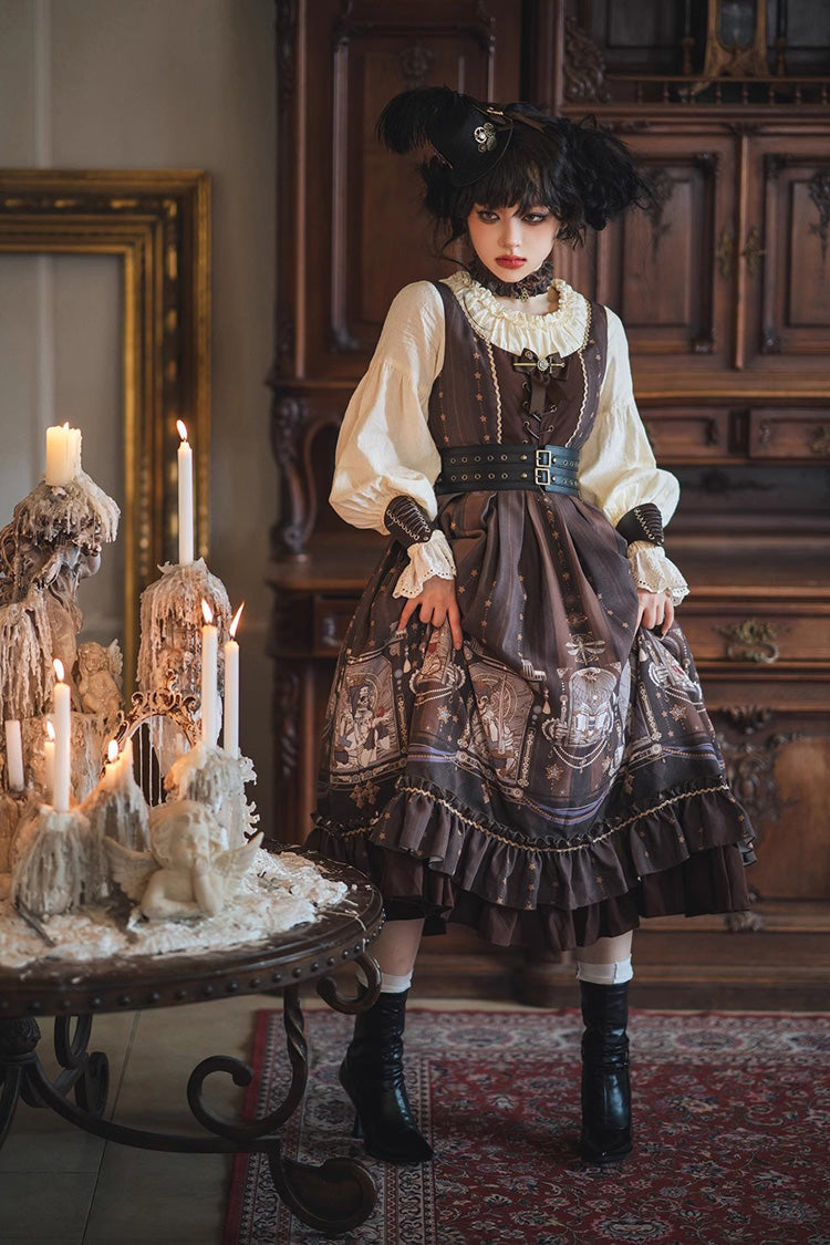 Lantern-Sleeved Lolita Dress with Ruffled Demon Print