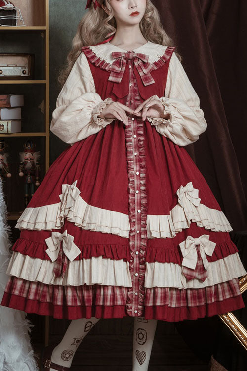 Christmas Bowknot High-Waist Ruffled OP Dress with Lapel Collar