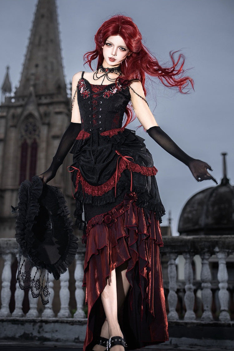 Black/Red Embroidered Lace-Up Gothic Skirt Set with Ruffles