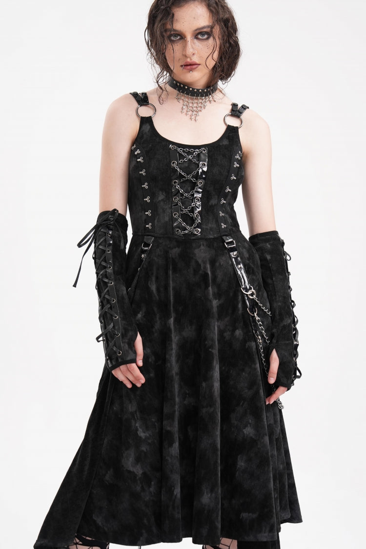 Gothic Slip Dress with Lace-Up Rings and Chains Plus Gloves