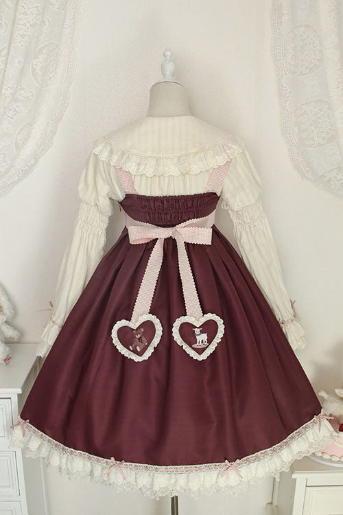 Wine Sheep & Bear Print Alice Girl Bow Ruffled Sweet Lolita JSK Dress - Altfashion Shop