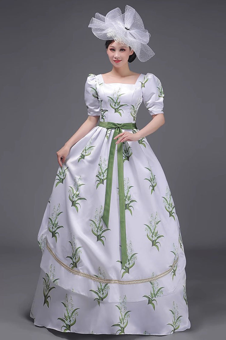 White Green Printed Victorian Dress - Sweet Vintage Court
