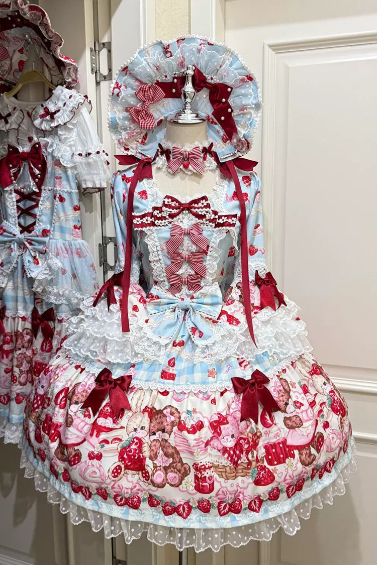 Blue/Red Sweet Lolita OP Dress Half Sleeves Bow Lace Lace-Up - Sweet Berry Bunny Bear