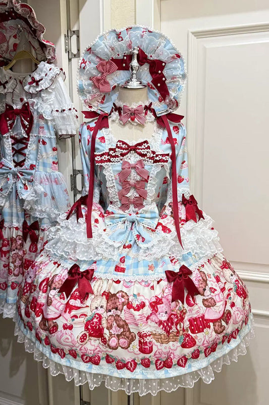 Blue/Red Sweet Lolita OP Dress Half Sleeves Bow Lace Lace-Up - Sweet Berry Bunny Bear