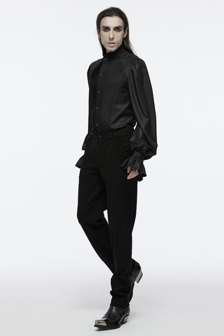 Jet-Black Gothic Blouse with Puffed Sleeves and Lace Accents for Men