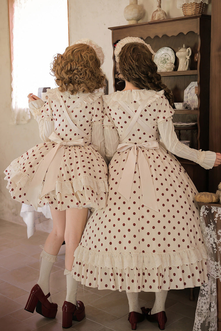 Apricot Sweet Elegant Lolita Dress with Cotton Round Collar Long Lantern Sleeves Polka Dot Print Ruffled Bow Lace