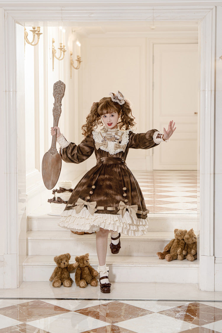 Chocolate Cat Print Long Sleeve Ruffle Bow Sweet Dress