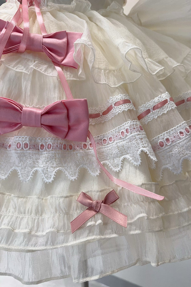 Sleeveless Multi-Layer Ruffle Bow Lace Sweet Princess Ballet Lolita Jumper Dress - Apricot Pink