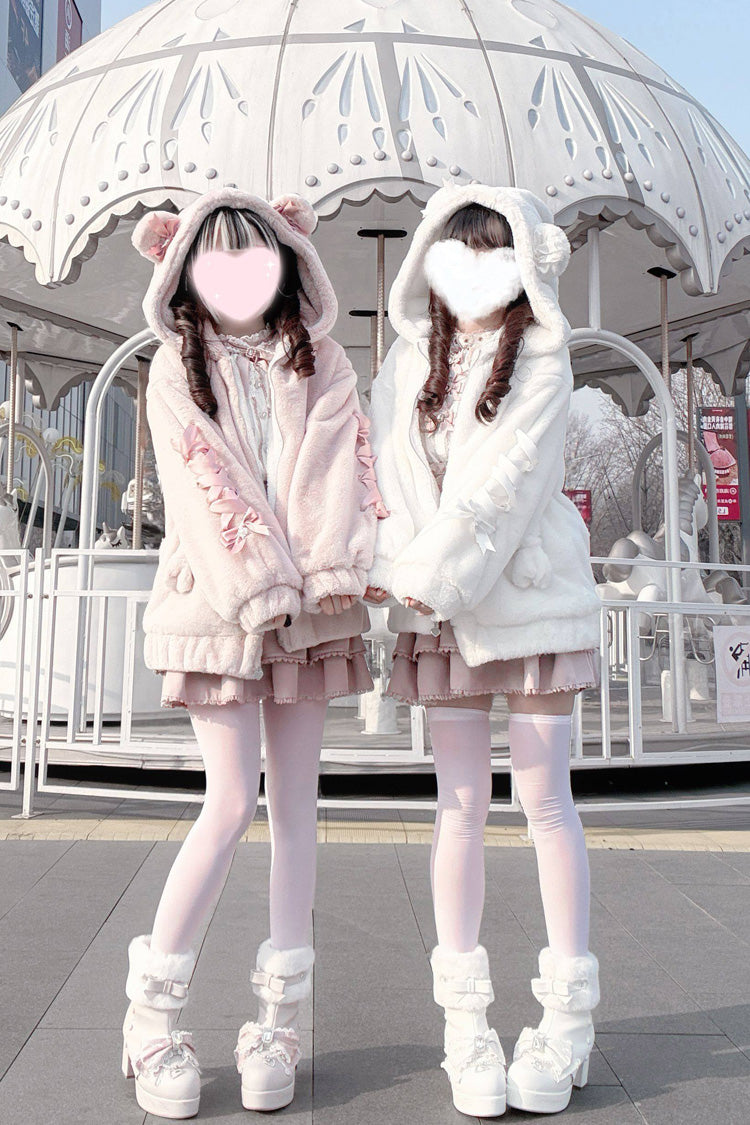 Sleepy Bear Fluffy Japanese Jirai Kei Coat with Bow and Lace-Up