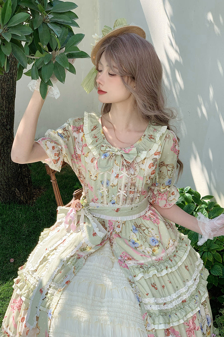 Green Short Sleeve Print Ruffle Cardigan Bowknot Gorgeous Dress