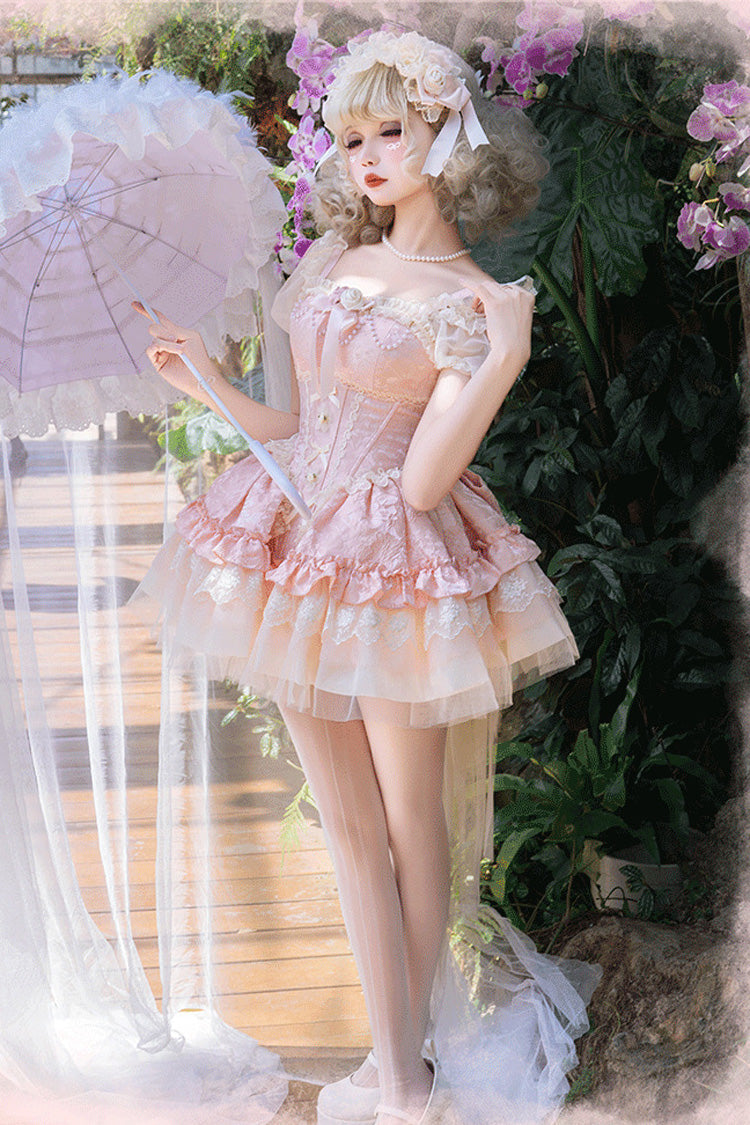 Blush Sleeveless Multi-Layer Ruffle Bow Lace-Up Sweet Princess JSK Dress