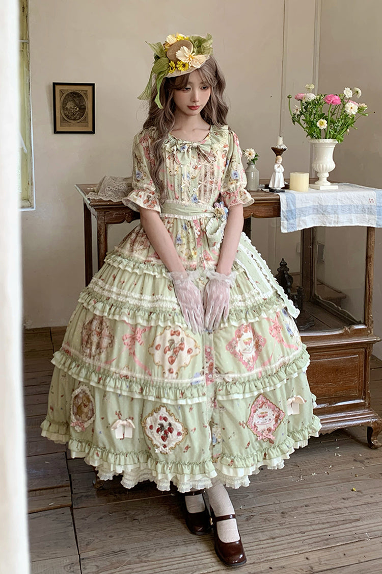 Green Short Sleeve Print Ruffle Cardigan Bowknot Gorgeous Dress