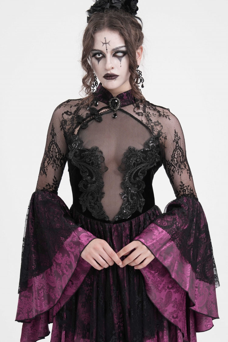Black Purple Long Sleeves Embroidery Lace Up Irregular Mesh Gothic Dress