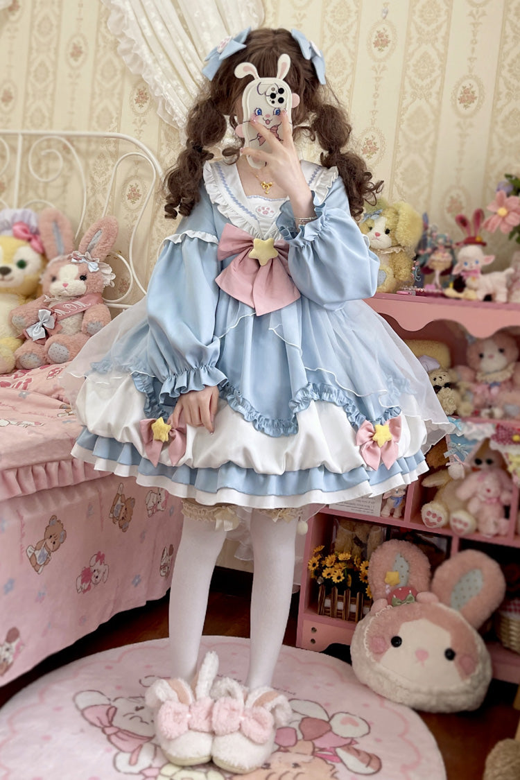 Pray Star Sweet Lolita Dress with Double Ruffles and Stitching
