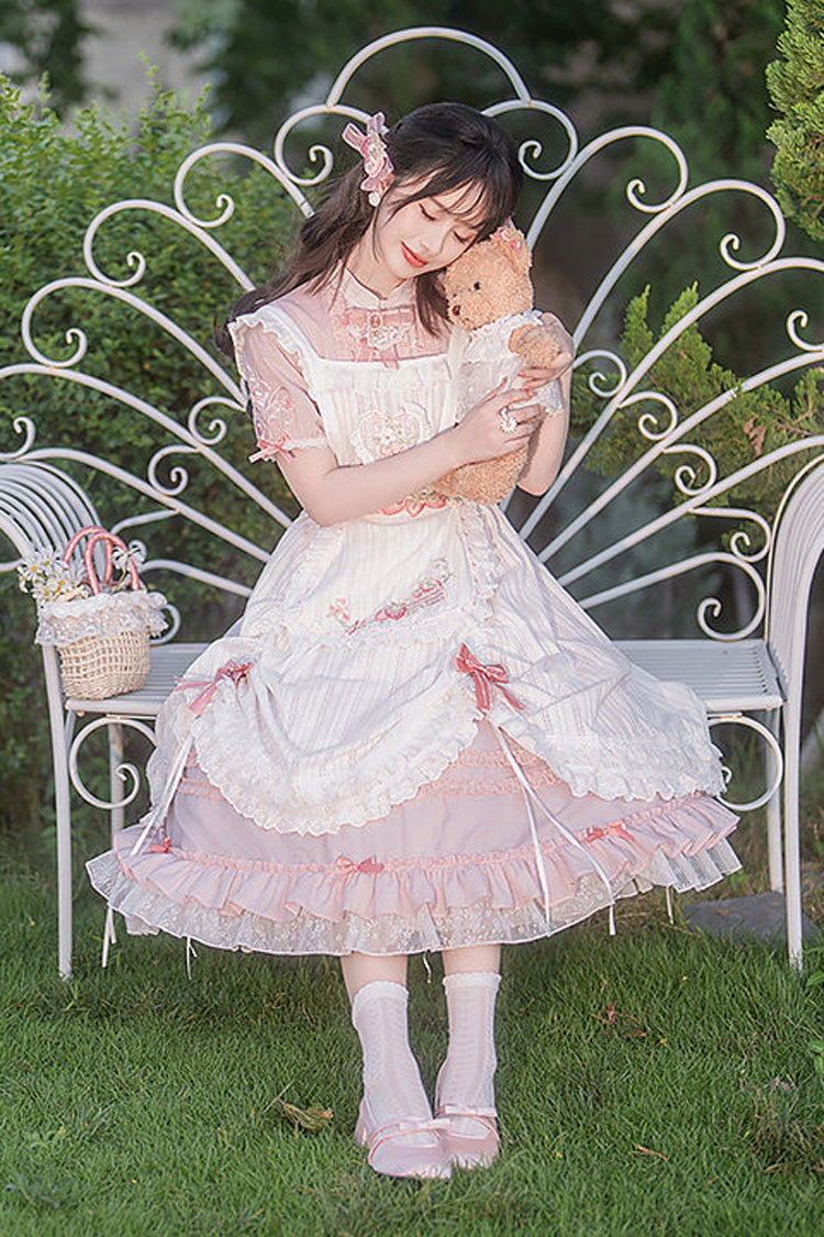 Blush Mandarin Collar Short Sleeve Ruffled Embroidered Lace Sweet Chinese Inspired Lolita Gown