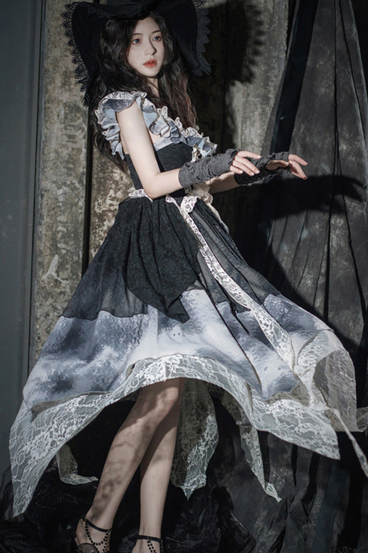 Ink Lace Sleeveless Gown with Poetic Print and Flowing Hem