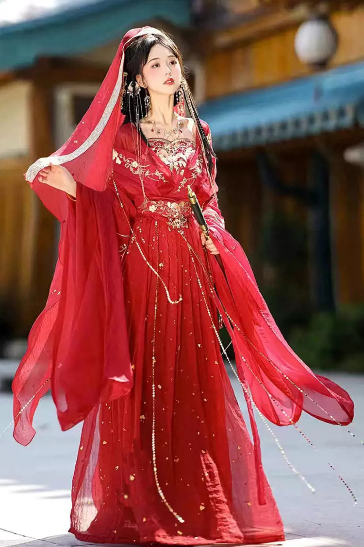 Crimson Classic Hanfu Ensemble with Hot Stamping Embroidery