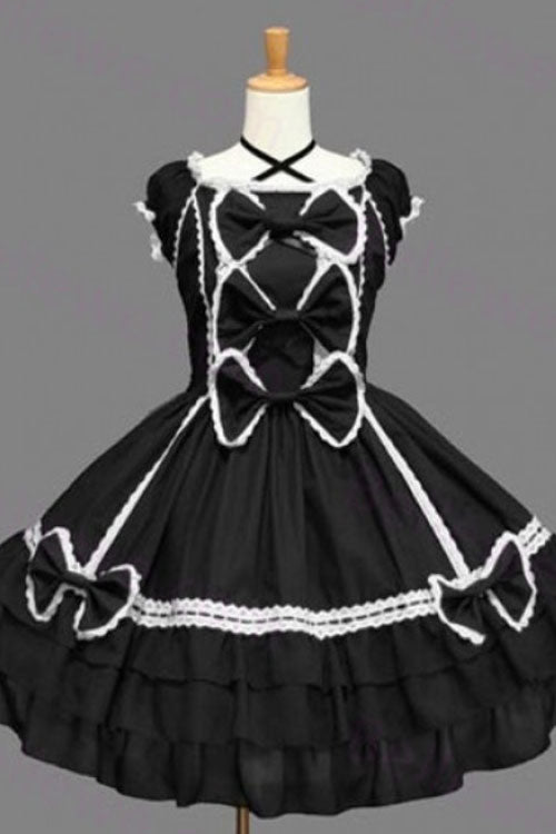 Gothic Lolita Sleeveless Black Lace Bow-Embellished Ruffled A-Line Dress