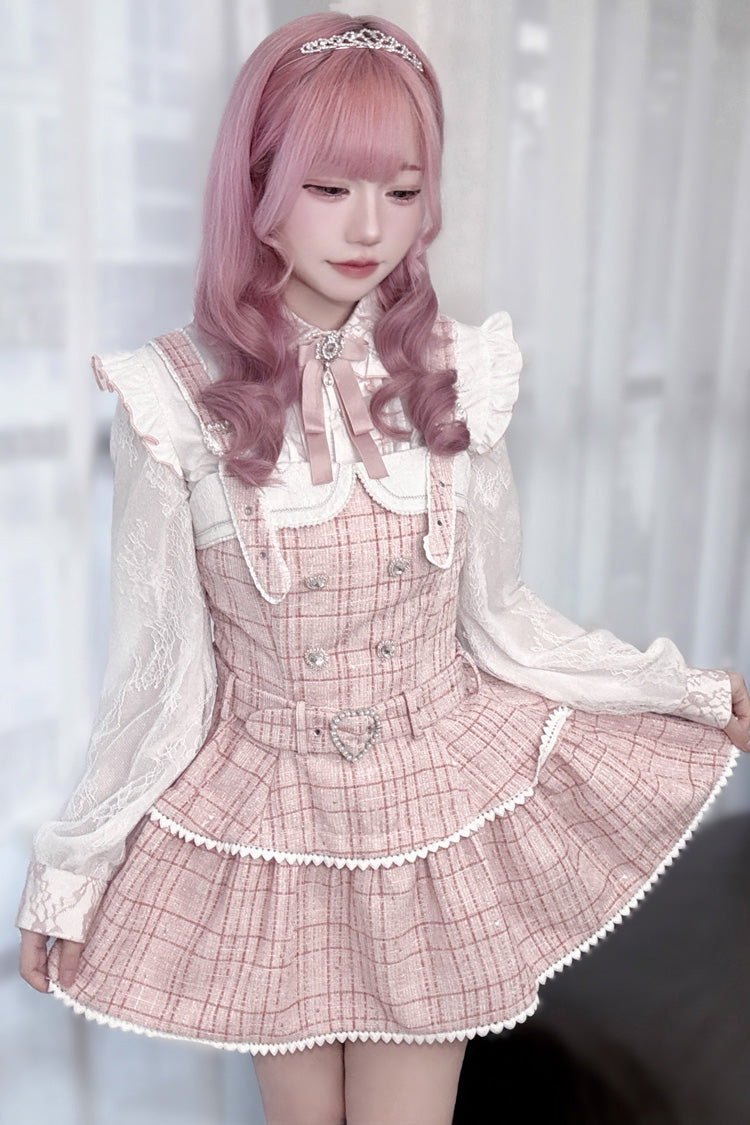 Pink Plaid Pearl-Adorned Sweet Jirai Kei Strap Dress Set