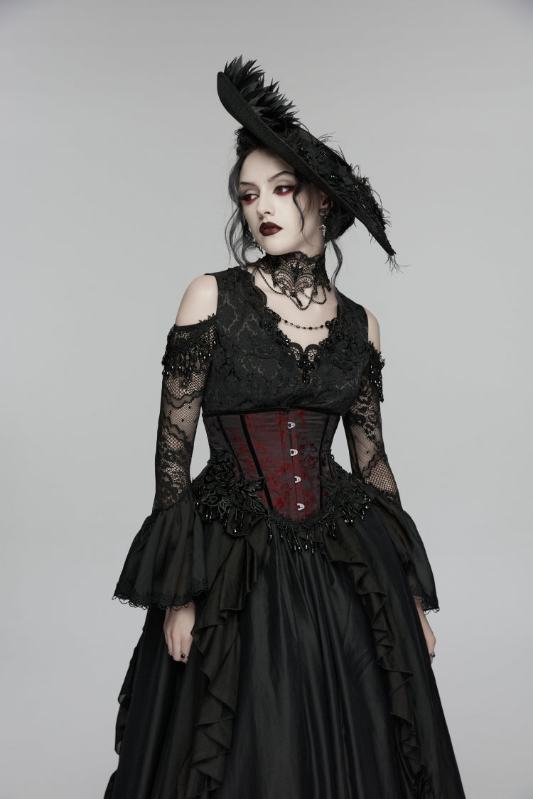 Crimson & Noir Tassel Accent Lace-Up Corset Top with Jacquard Weave