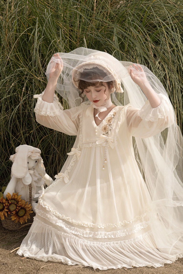Ivory Sweet Princess Lolita Dress with Lace Embroidery Ruffled Bowknot - Sunflower Diary