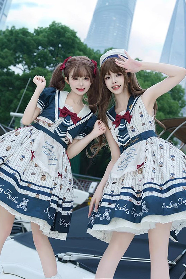 Bear Print Navy Ruffle Bow Princess JSK Dress in Blue White