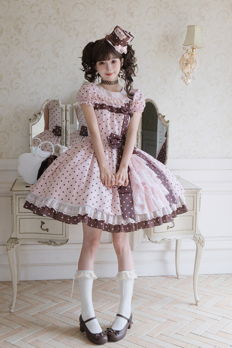 Canelé Gift Box Round Collar Short Sleeves Double-Layered Printed Polka Dot Ruffled Open-Front Bow Asymmetric Sweet Lolita Dress - Pink