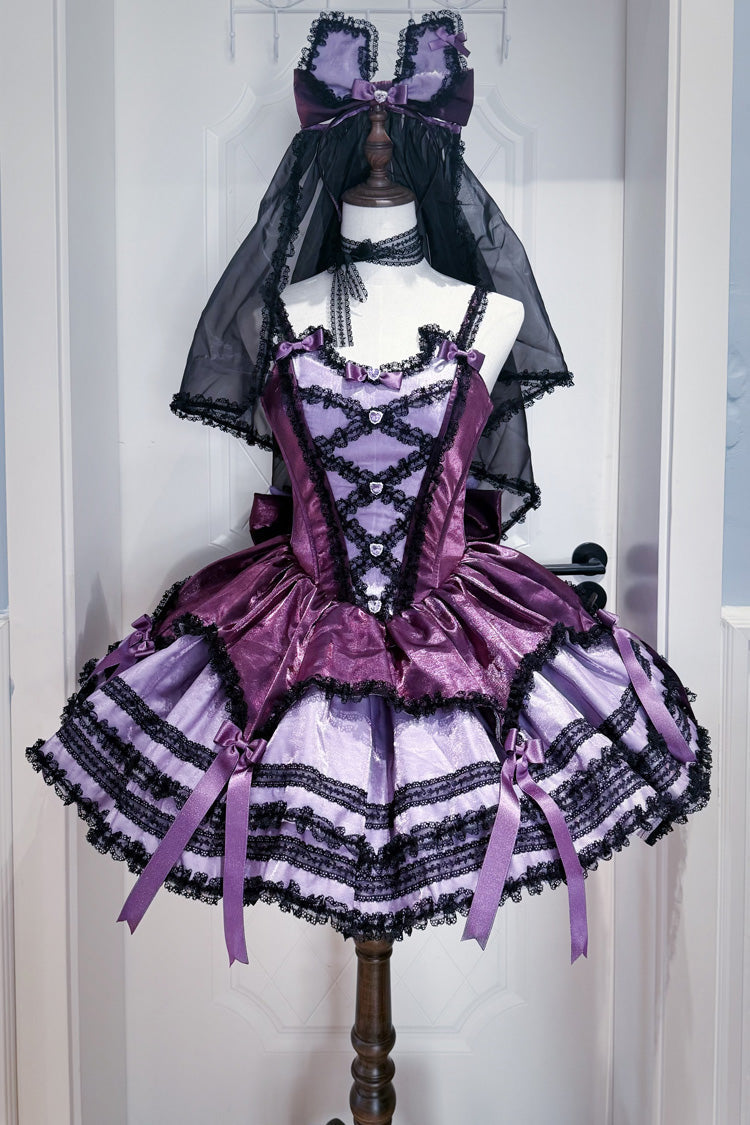 Violet Jasmine Rain Square Collar Sleeveless Polka Printed Ruffled Bow Lace JSK