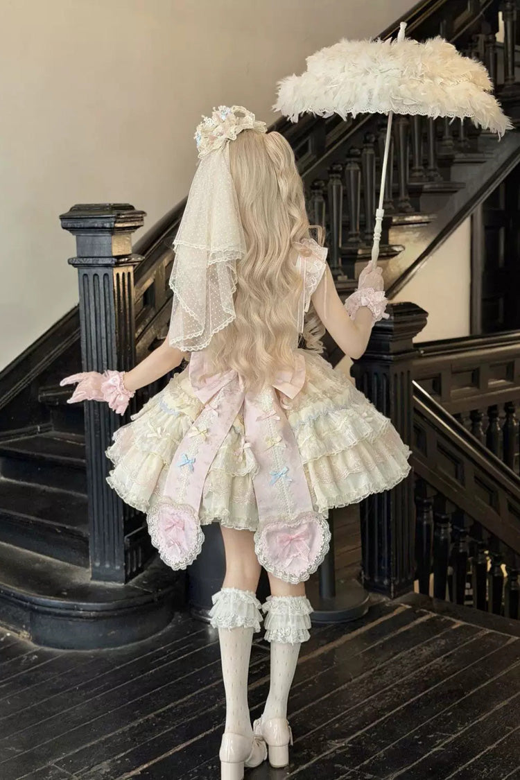 Sweet Lolita JSK Dress with Square Collar and Ruffled Bow - Apricot/Pink