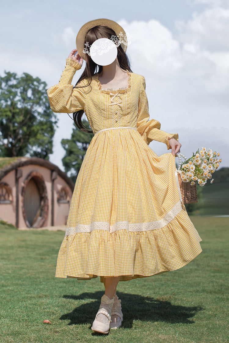 Yellow Long Sleeve Print Dress with Lace-Up and Ruffles