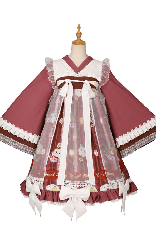 Chinese-Style Cat Print Lolita OP Dress with Trumpet Sleeves