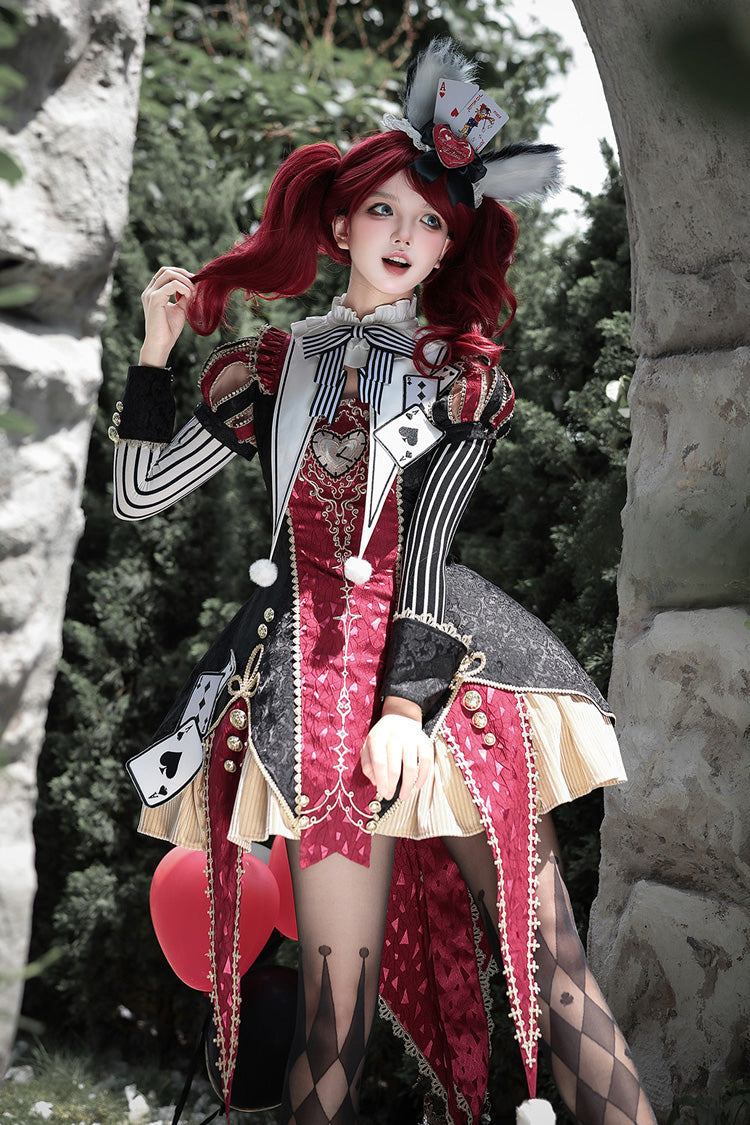Black/Red Stand Collar Gothic Dress Set with Jacquard