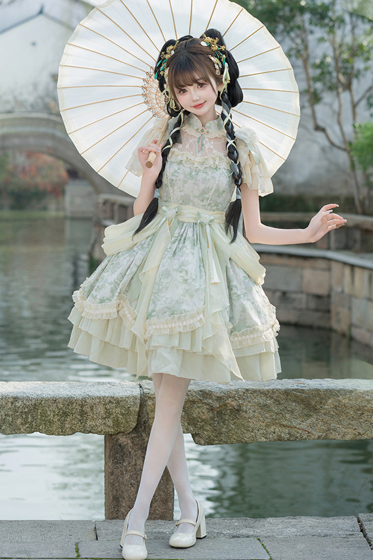 Jade Chiffon Double-Ruffle Bowknot Lace Chinese-Style Lolita Dress