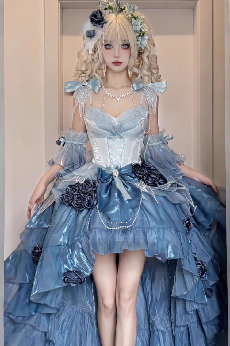Sky Blue Swan Wonderland Embroidery Bowknot Lace-Up Irregular Ballet Jsk Dress