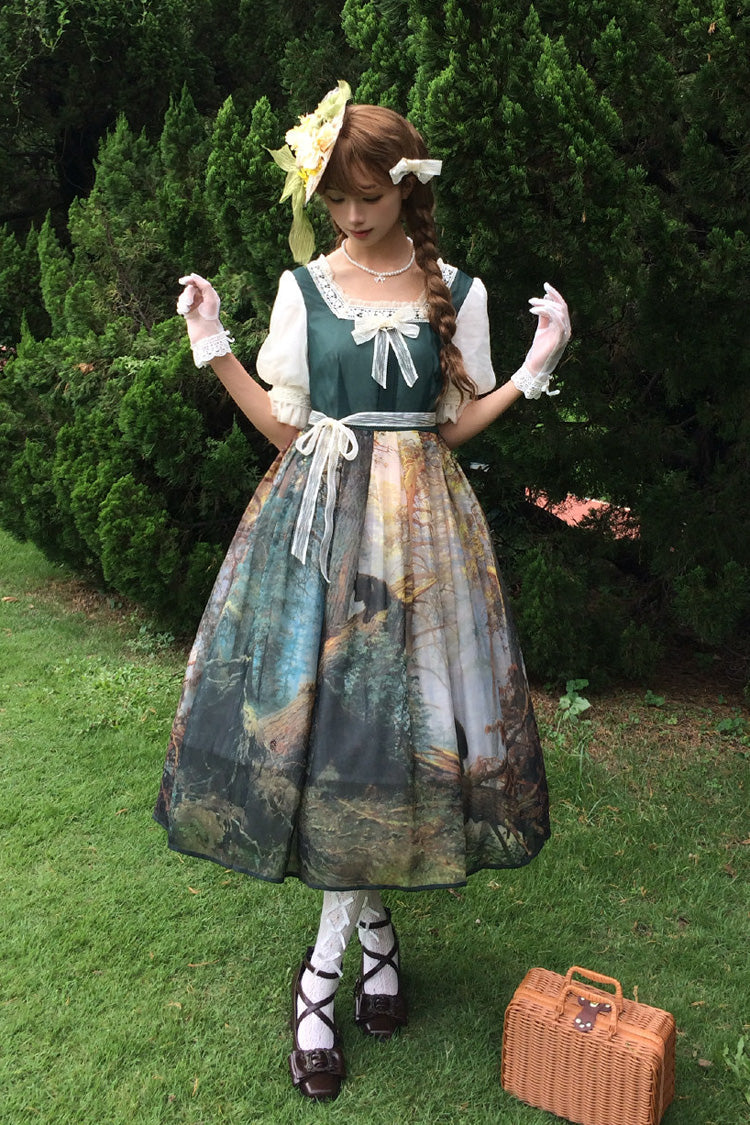 Oil Painting Square-Collar Lolita Dress with Tie-Dye Print