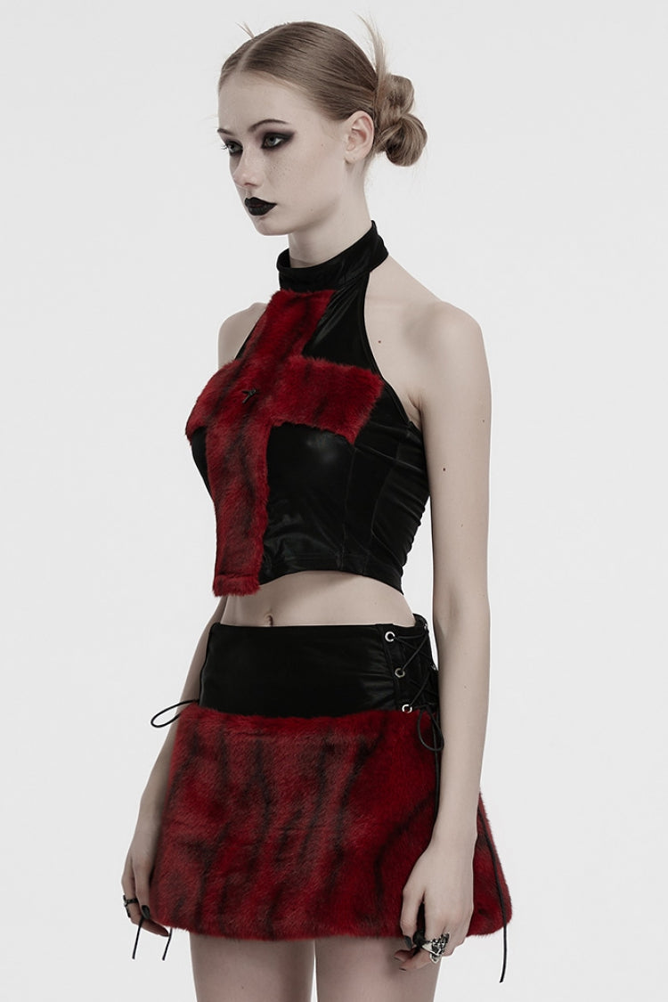 Crimson & Noir Halter Sleeveless Faux Fur Trim Punk Corset Vest