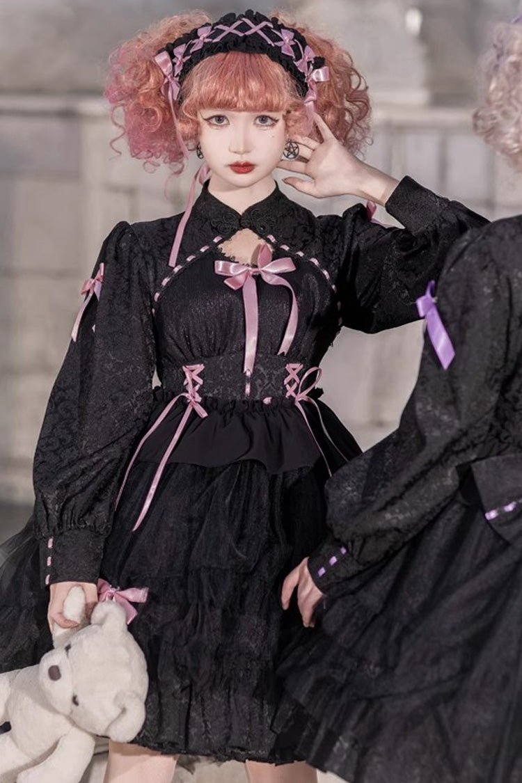 Love Song Long Sleeves Multi-Layered Jacquard Ruffle Bowknot Sweet Gothic Dress
