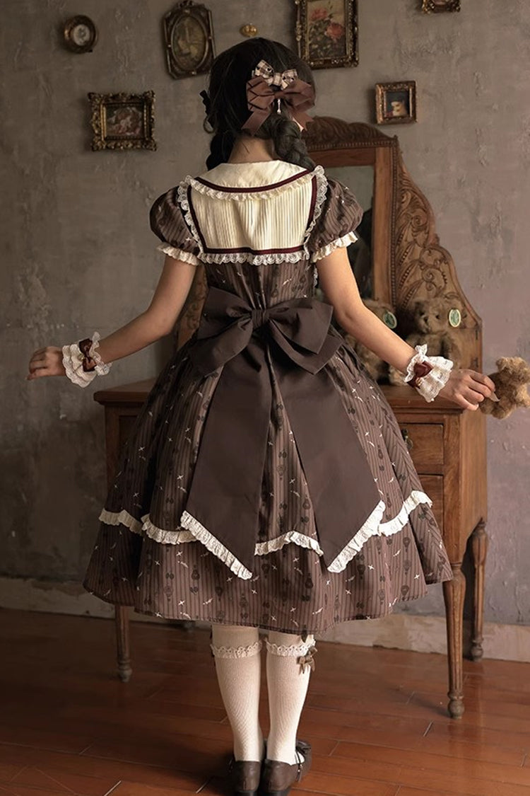 Brown Print Bow Sweet Elegant Princess Dress Long - Hot Air Balloon