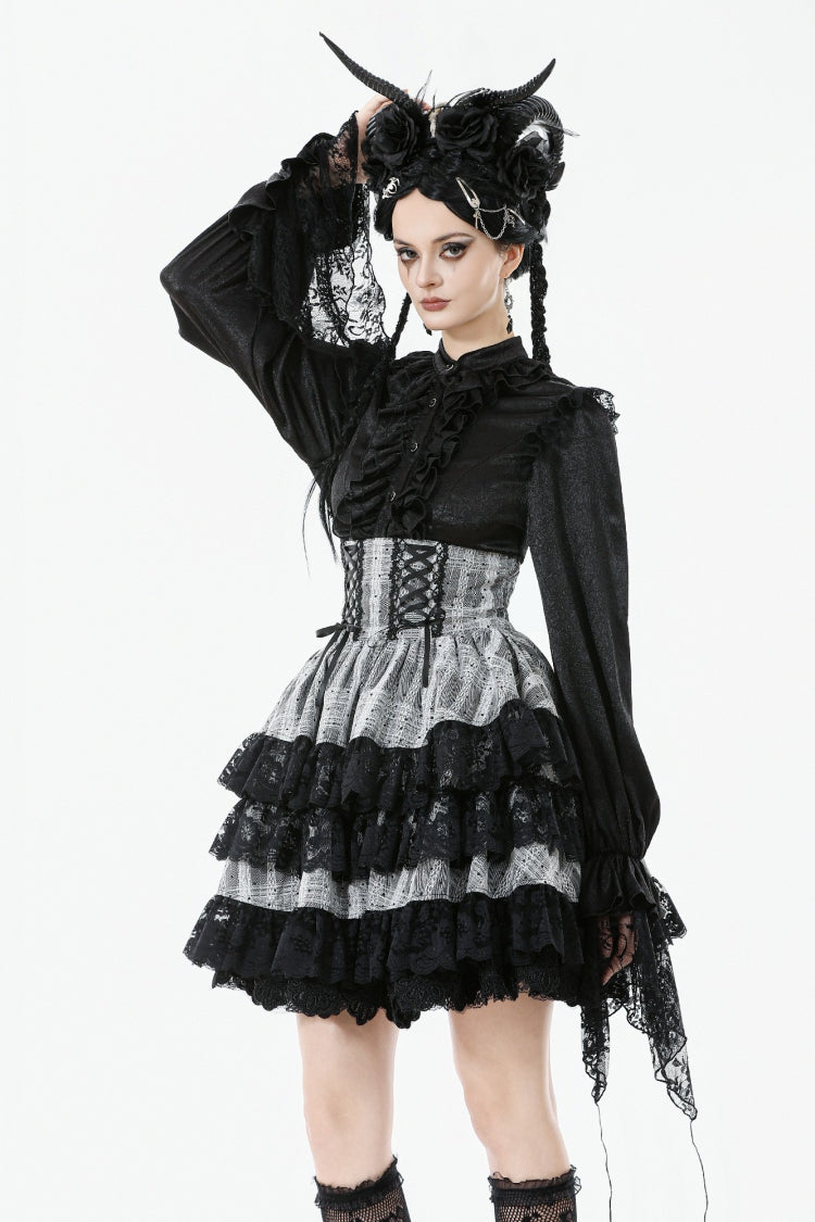 High Waist Lace-Up Ruffled Layered Hem Skirt - Lolita