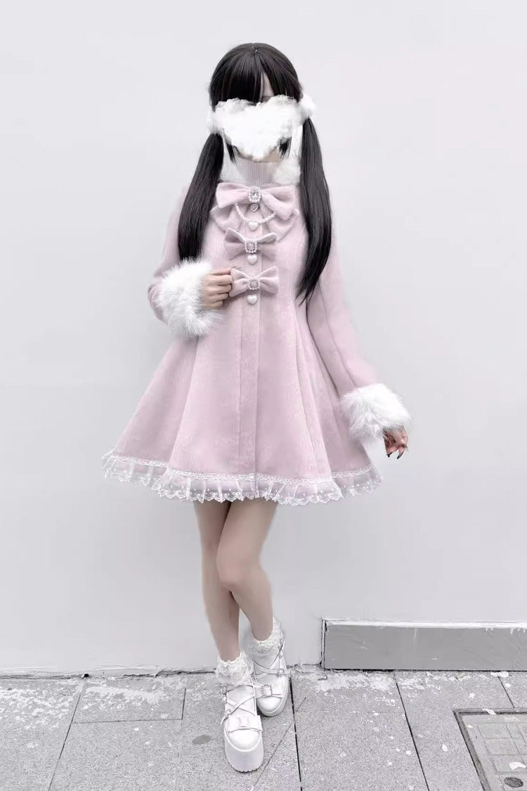 Plush Lop-eared Rabbit Hooded Jirai Kei Coat with Bow and Lace