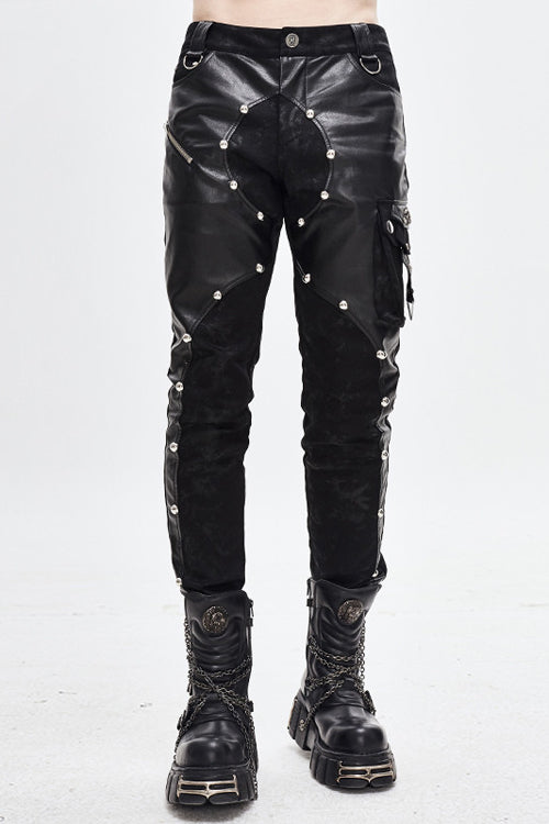 Studded Asymmetric Patchwork Leather Pants for Men